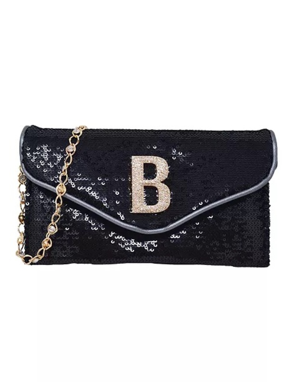 NWT Bebe Miro Black Sequin Crossbody Clutch Bag Gold Chain Evening Purse Logo B